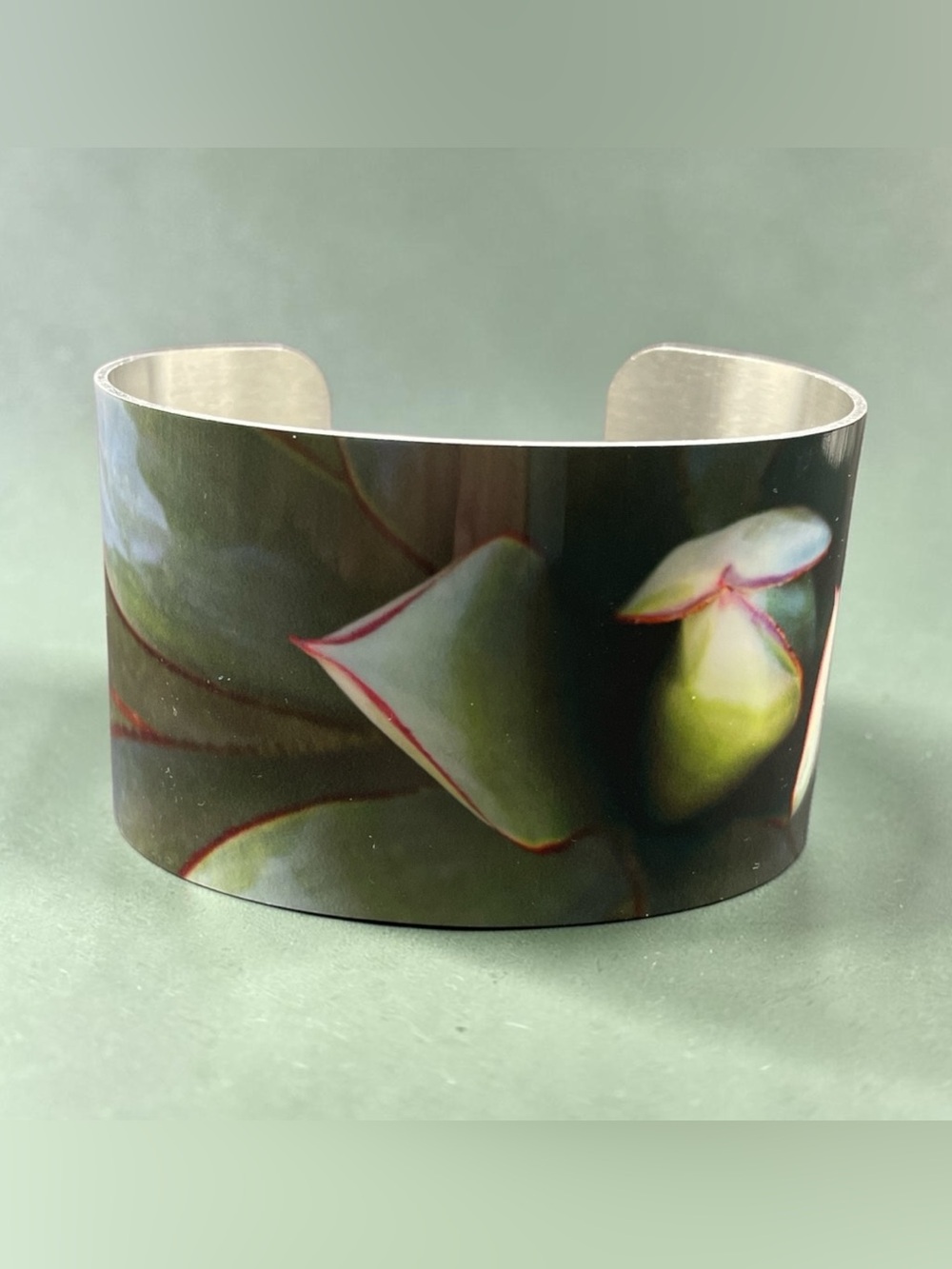 Floral Print Wide Metal Cuff Bracelet - Green with Pink Edging